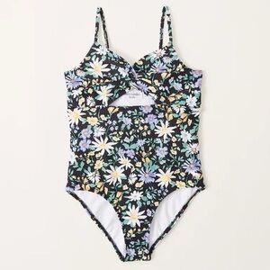 Abercrombie Kids Floral One-Piece Swimsuit - Black with Pastel Flowers